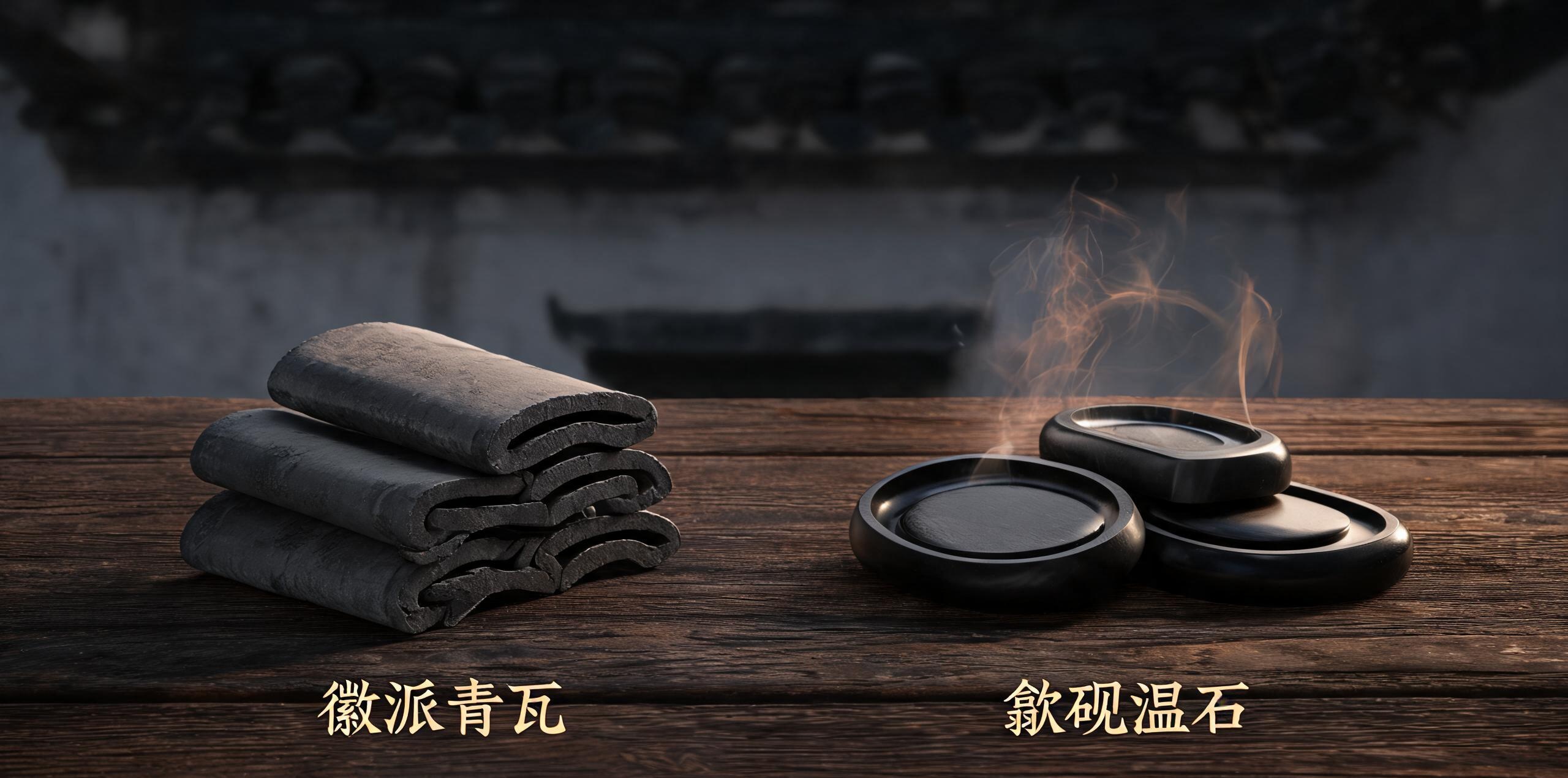徽派黛瓦与玄武墨石材质理疗温度对照——薄材黛瓦快蓄缓散适合轻透温灸，厚材墨石慢蓄长散适合沉压热敷，霜降时节合肥徽派材质理疗实景配图