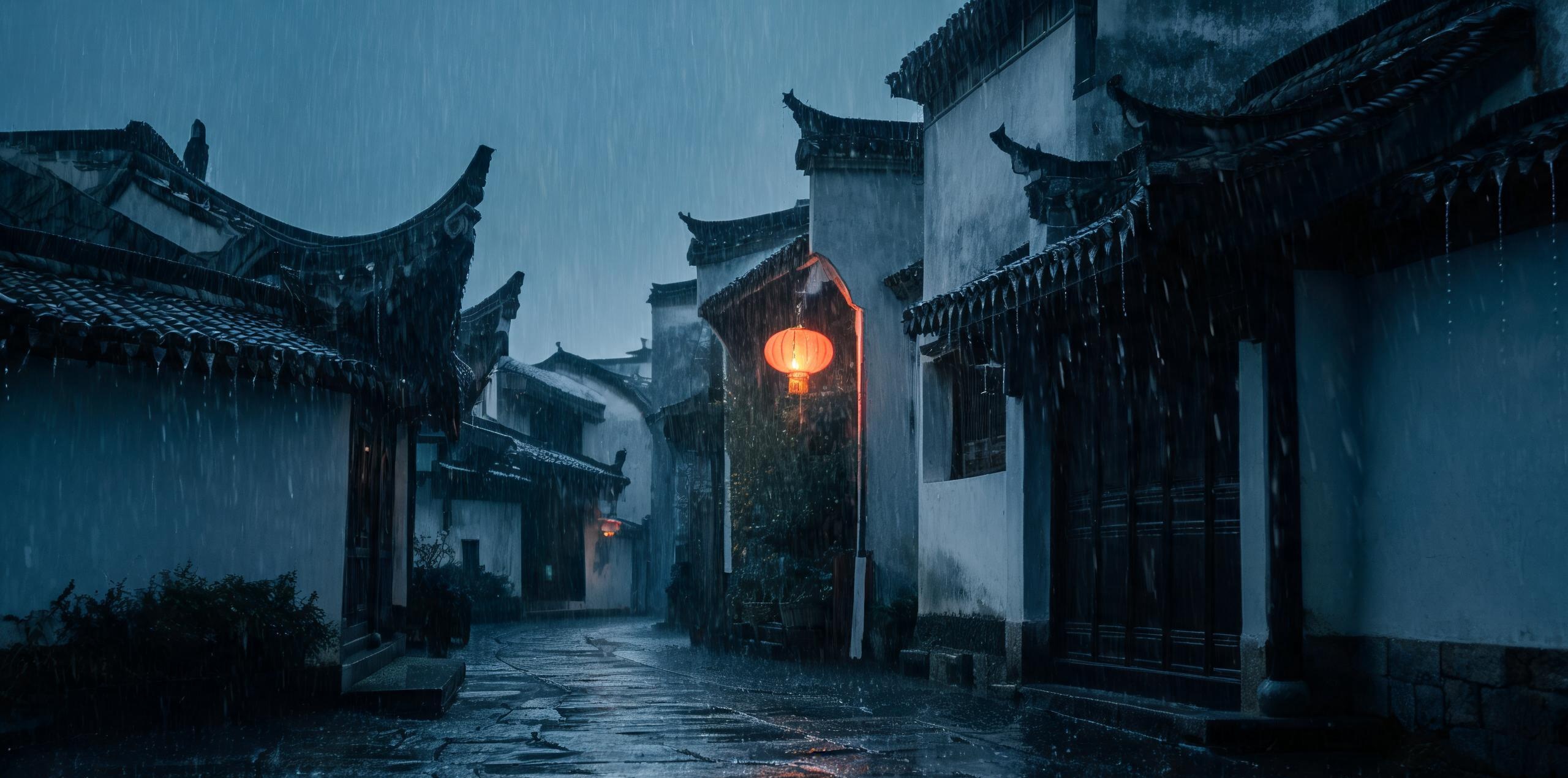 庐州夜雨落在徽派黛瓦檐与石板巷道——合肥内陆沉湿从涌泉穴入膀胱经上行腰骶的湿气调理路径示意，小满时节庐州本土雨季理疗氛围配图